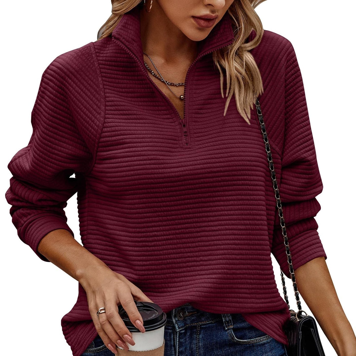 Women's Pullover Sweatshirt with High Neck Zip and Long Striped Sleeves
