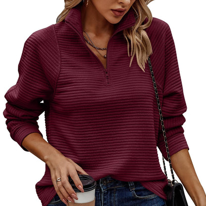 Women's Pullover Sweatshirt with High Neck Zip and Long Striped Sleeves