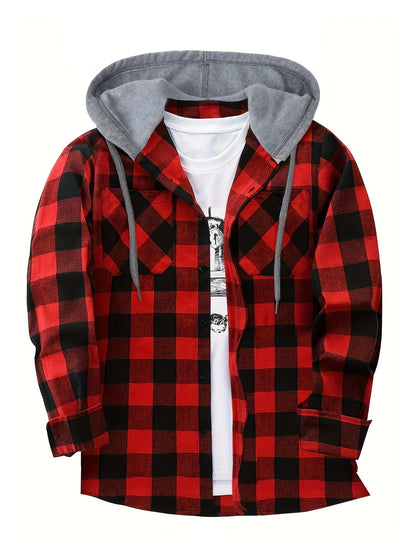 Men's Autumn Flannel Shirt-Jacket with Hood and Checkered Pattern
