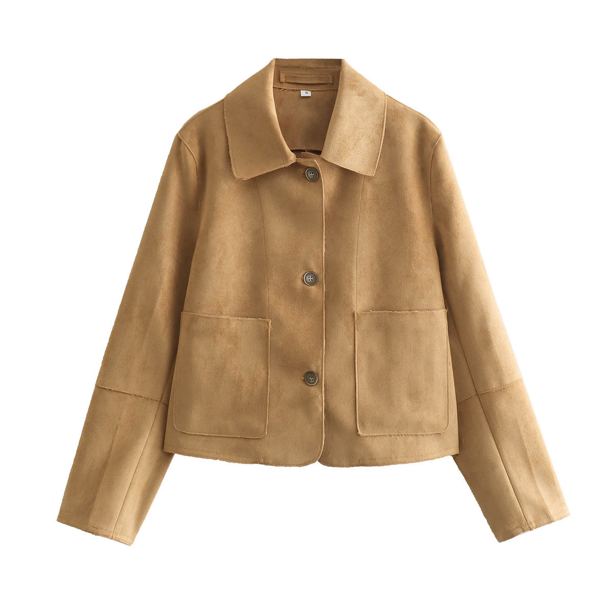 Women's Long Sleeve Jacket with Square Collar and Front Pockets in Suede Effect