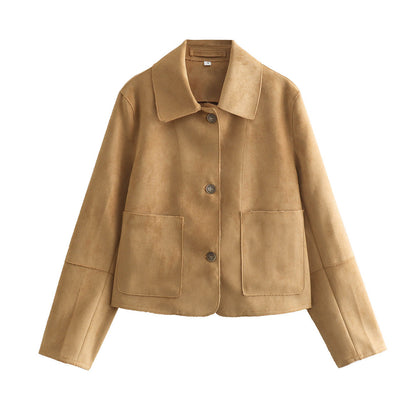Women's Long Sleeve Jacket with Square Collar and Front Pockets in Suede Effect