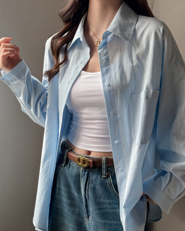 Women's Long Sleeve Solid Color Shirt with Loose Fit and Plus Sizes