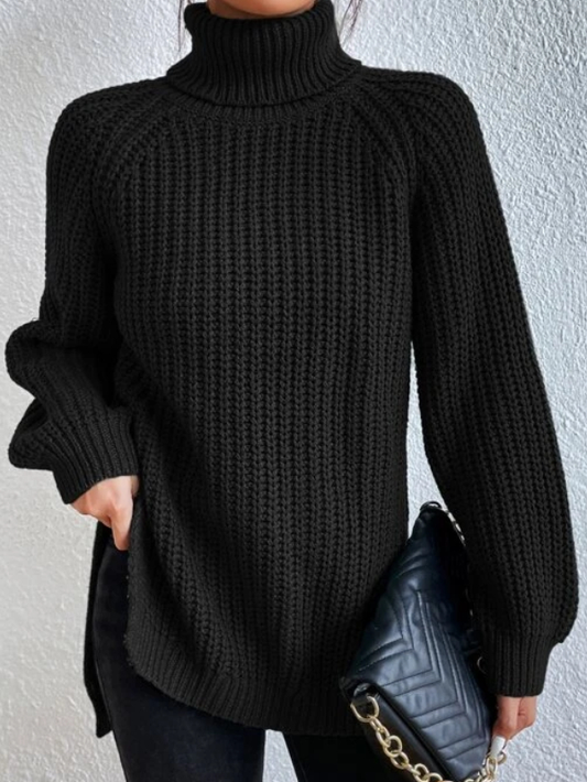 Maglione Donna con Collo Alto, Maniche Raglan e Spacco Laterale – Stile Versatile