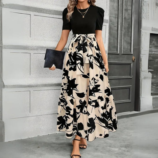 Women's Summer Long Dress with Floral Print and High Waist A-Line