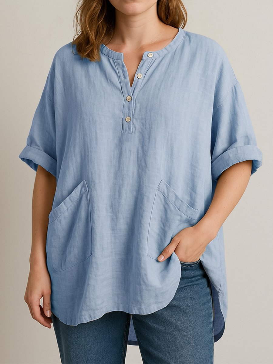 Women's Short Sleeve Shirt with V-Neck, Solid Color and Loose Fit