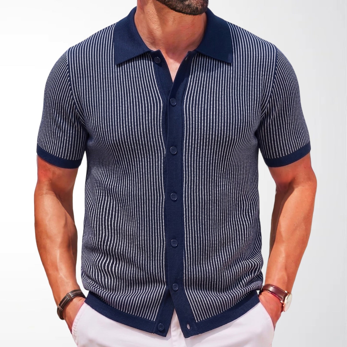 Polo Uomo in Maglia a Maniche Corte con Righe Verticali – Vestibilità Aderente