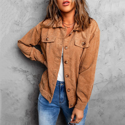 Women's Corduroy Shirt Jacket with Single-Breasted Button Closure and Long Sleeves
