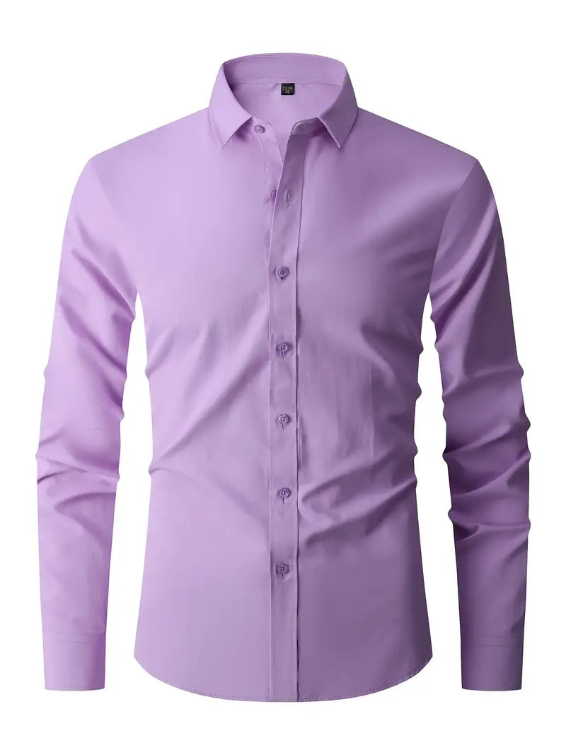 Camicia uomo elegante viola chiaro, maniche lunghe, colletto classico, abbigliamento formale, moda maschile, tessuto liscio, stile moderno.