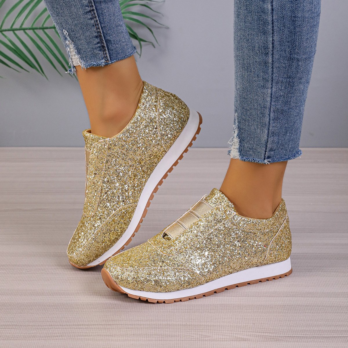 Scarpe Basse da Donna Slip-On con Paillettes e Punta Tonda