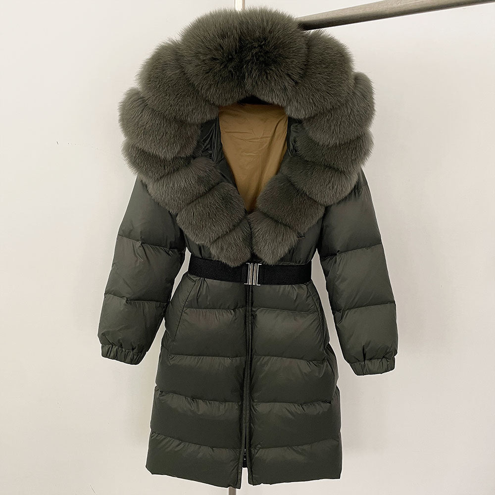Women's Winter Coat with Long Hood and Removable Fur Collar