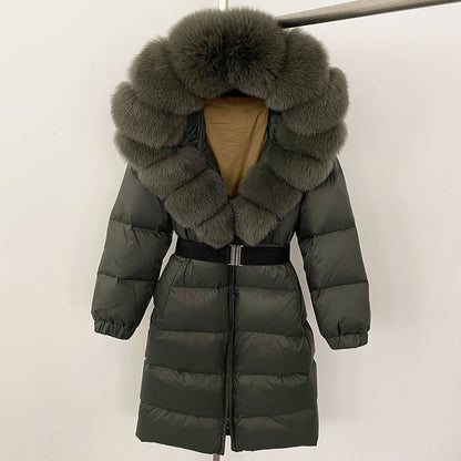 Women's Winter Coat with Long Hood and Removable Fur Collar