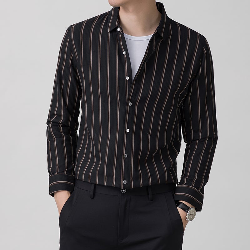 Men's Long Sleeve Shirt with Square Collar, Striped Pattern and Jacquard Detail