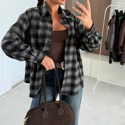 Camicia Donna Monopetto con Motivo Scozzese e Strass, Maniche Lunghe