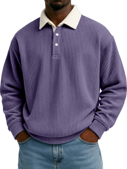 Camisa de hombre de pana retro color block con estampado de rayas y manga larga
