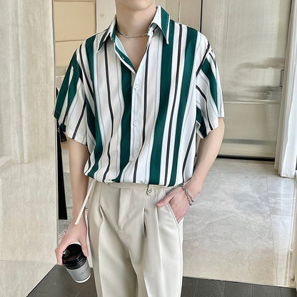 Camicia Uomo a Vestibilità Ampia con Collo a Punta e Blocco di Colore Verde – Stile Casual Quotidiano