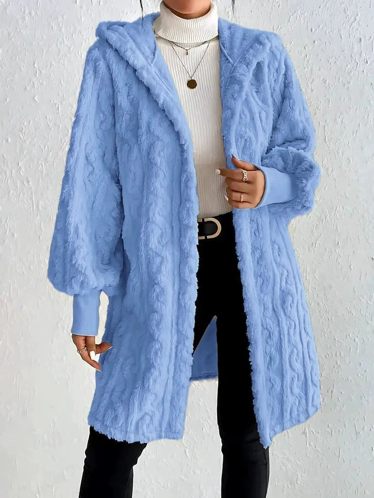 Women's Long Coat with Hood, Double Fur and Ribbed Cuffs
