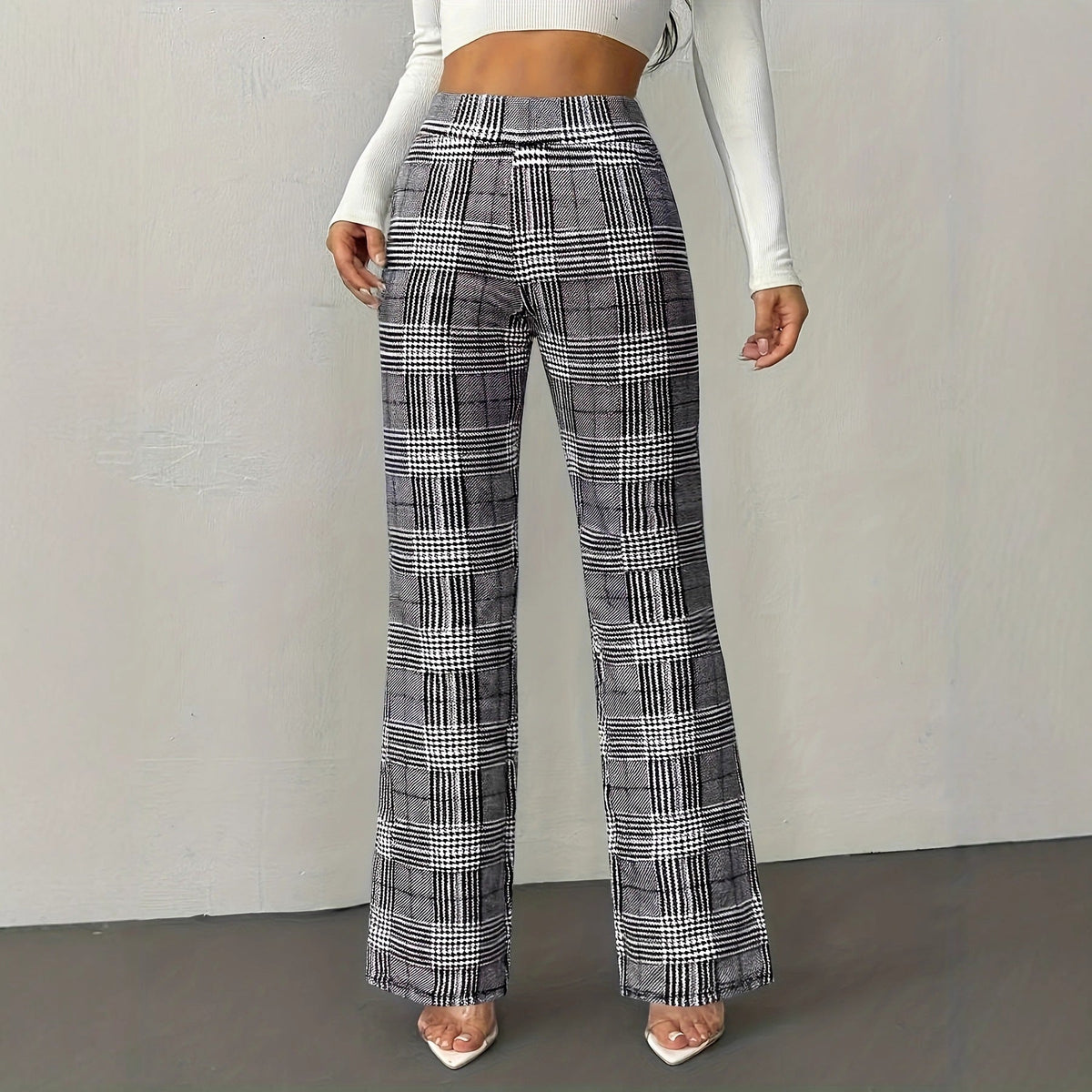 Women's High-Waisted Houndstooth Wide-Leg Trousers with a Straight Cut