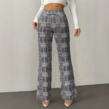 Women's High-Waisted Houndstooth Wide-Leg Trousers with a Straight Cut