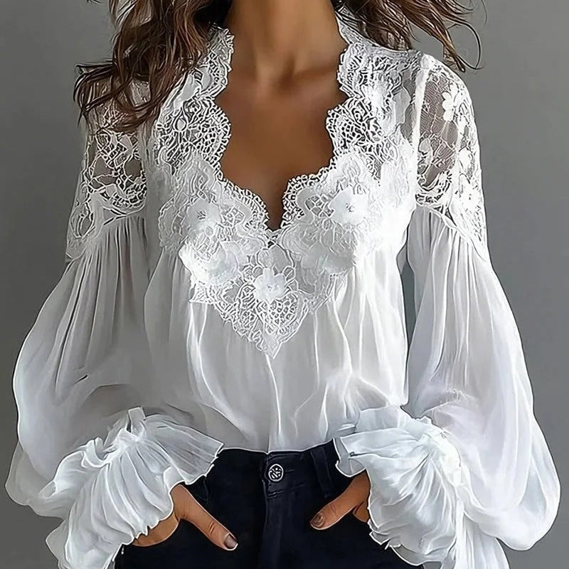 Women's Long Sleeve Shirt with Lace Insert and Ruffles on the Shoulders