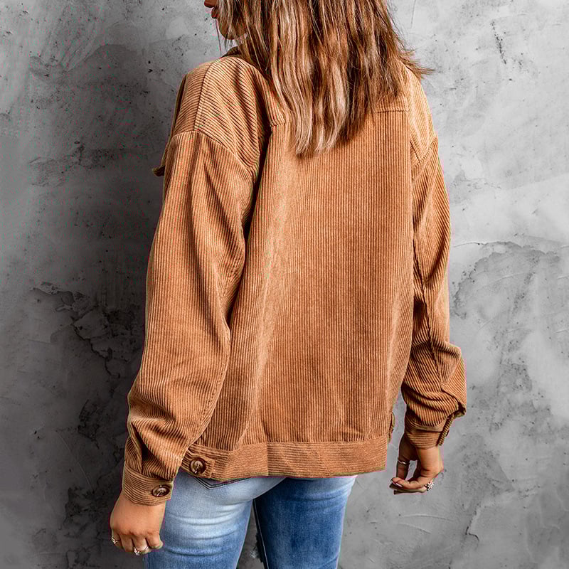 Women's Corduroy Shirt Jacket with Single-Breasted Button Closure and Long Sleeves