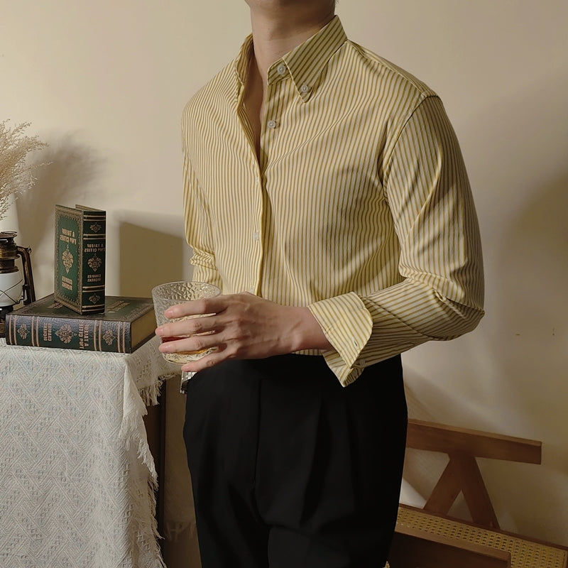 Men's Slim Fit Long Sleeve Shirt with Button-Down Collar and Striped Pattern – Business Casual Style