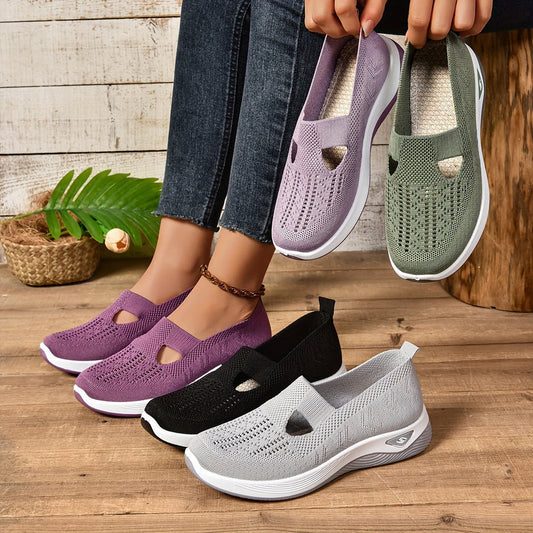 Scarpe da donna casual in maglia traspirante, disponibili in vari colori: viola, nero, grigio, verde. Design comodo con suola antiscivolo.