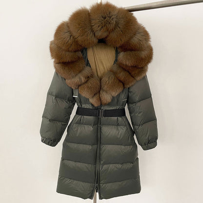 Women's Winter Coat with Long Hood and Removable Fur Collar