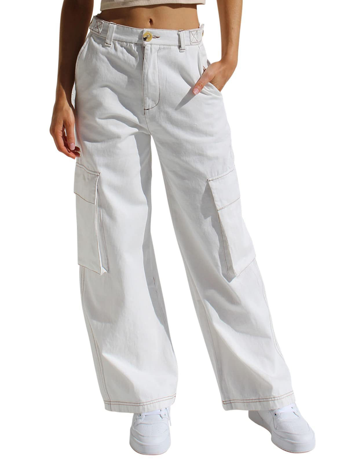 Low Waist Women's Denim Pants with Multiple Pockets and Loose Fit Workwear Style
