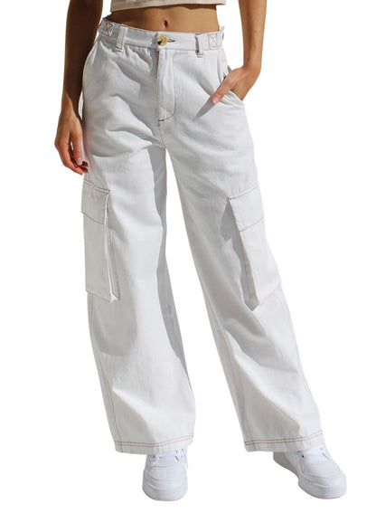 Low Waist Women's Denim Pants with Multiple Pockets and Loose Fit Workwear Style