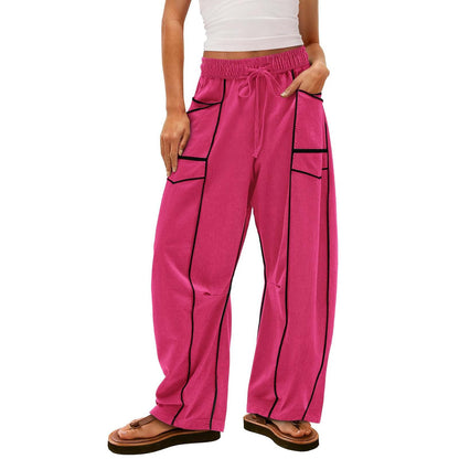 Women's Wide-Leg Pants with Drawstring and Stripe Pattern