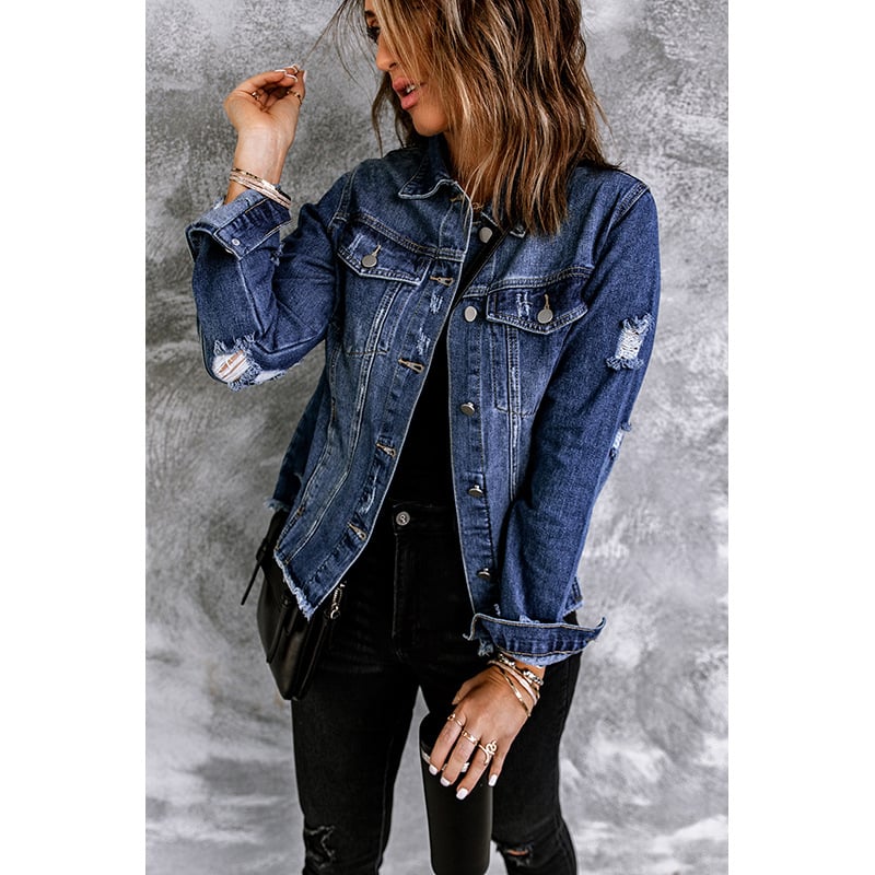 Giacca Donna Autunnale in Denim con Chiusura a Bottoni e Maniche Lunghe