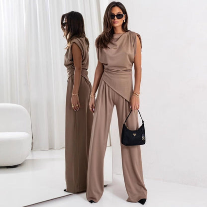 Women's Set with Irregular Blazer and Full-Length Pants – Solid Color