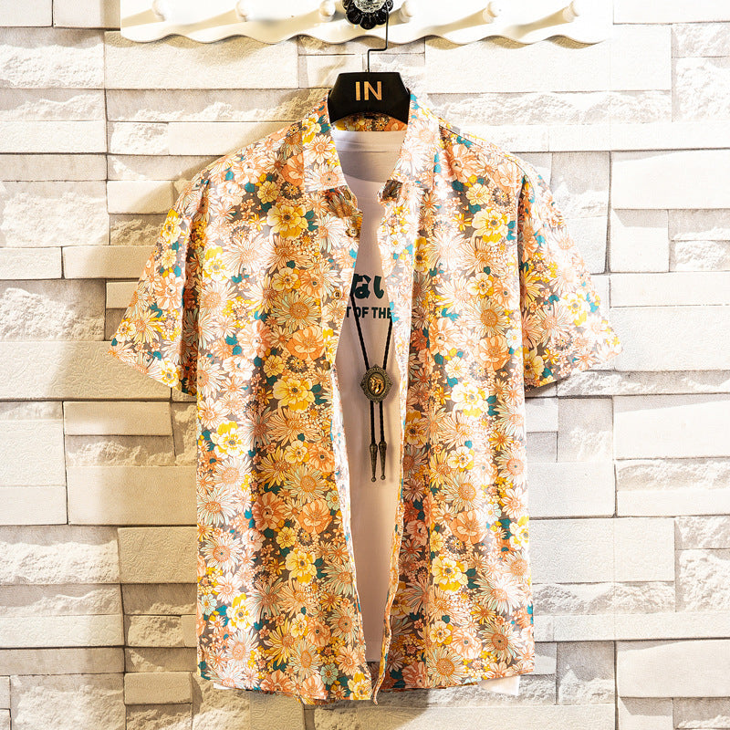 Camicia Estiva Uomo a Maniche Corte con Stampa Floreale e Colletto a Revers – Stile Casual Slim Fit