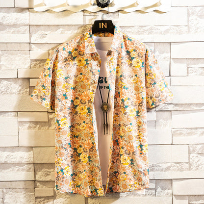 Camicia Estiva Uomo a Maniche Corte con Stampa Floreale e Colletto a Revers – Stile Casual Slim Fit