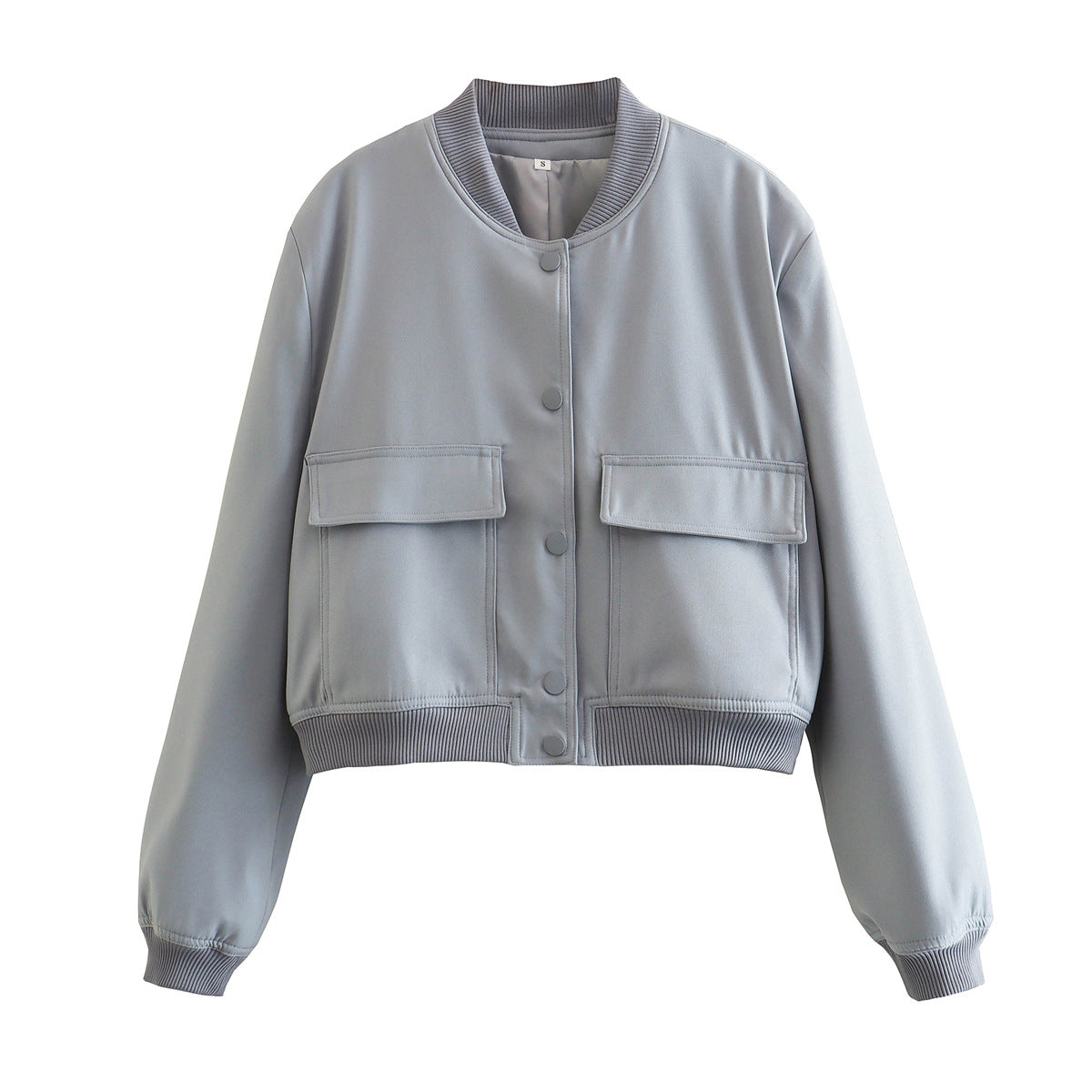 Chaqueta bomber de mujer para otoño con bolsillos delanteros y diseño liso