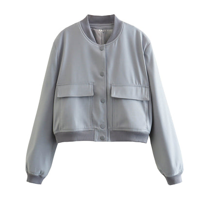 Chaqueta bomber de mujer para otoño con bolsillos delanteros y diseño liso