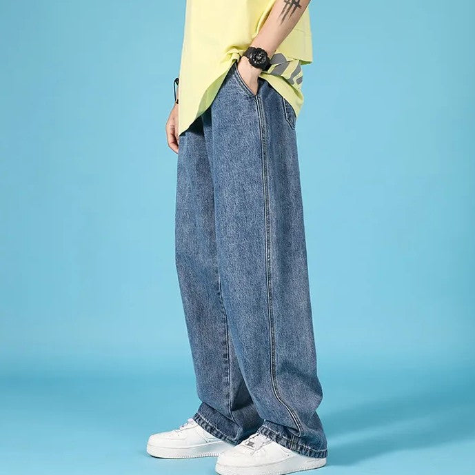 Herrejeans i denim med lige ben, loose fit, hiphop-stil cargo med lynlås