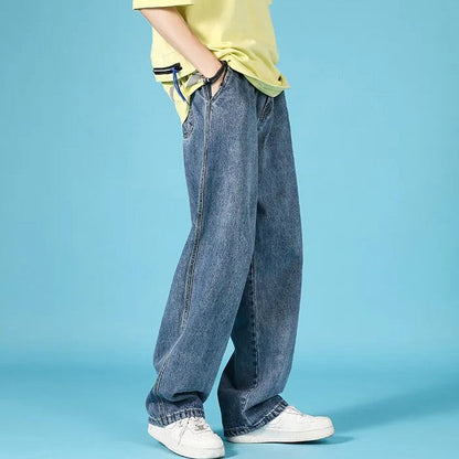 Herrejeans i denim med lige ben, loose fit, hiphop-stil cargo med lynlås