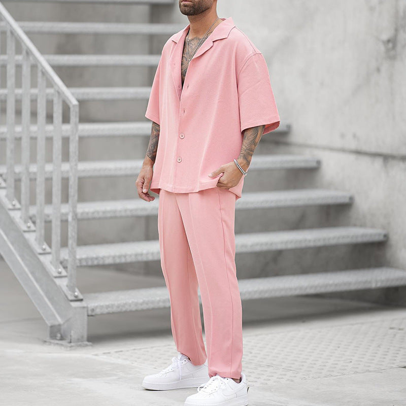 Men's Summer Two-Piece Set with Short-Sleeve Shirt and Pants – Solid Color Casual Set