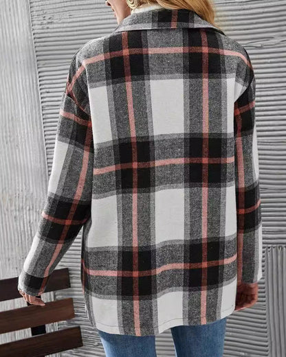 Women's Long Sleeve Shirt with Checkered Pattern, Turn-Down Collar, and Dropped Shoulders