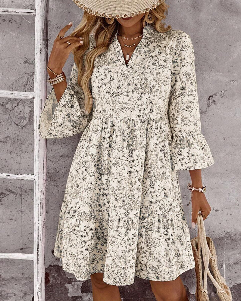 Women's Spring Dress with High Neckline, Flounce Sleeves, and Floral Print
