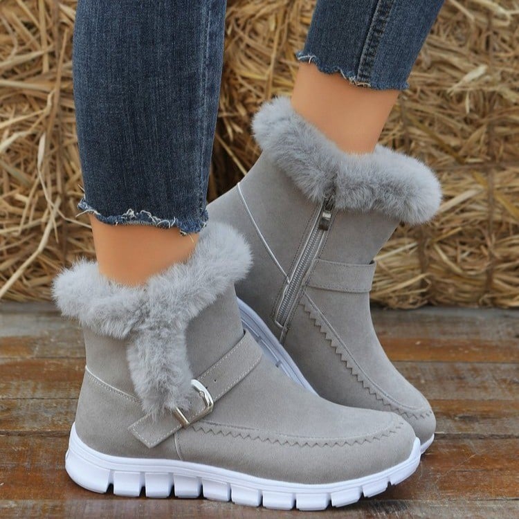 Women's Winter Ankle Boots with Soft Lining and Buckle Detail – Side Zipper