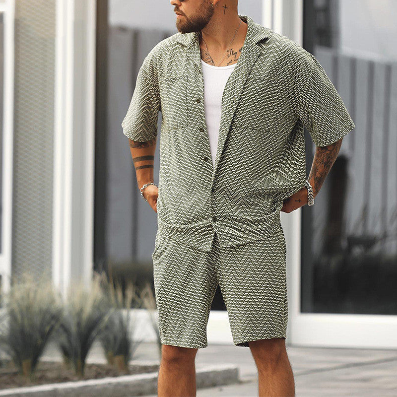 Traje de hombre de dos piezas con camisa y pantalones cortos – Gris verde