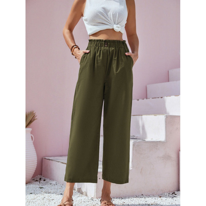Women's High-Waisted Straight Casual Pants – Linen Style in Cotton Blend
