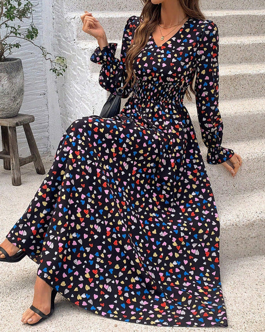 Women's Autumn Printed Dress with V-Neck and Long Sleeves – Casual Streetwear Dress