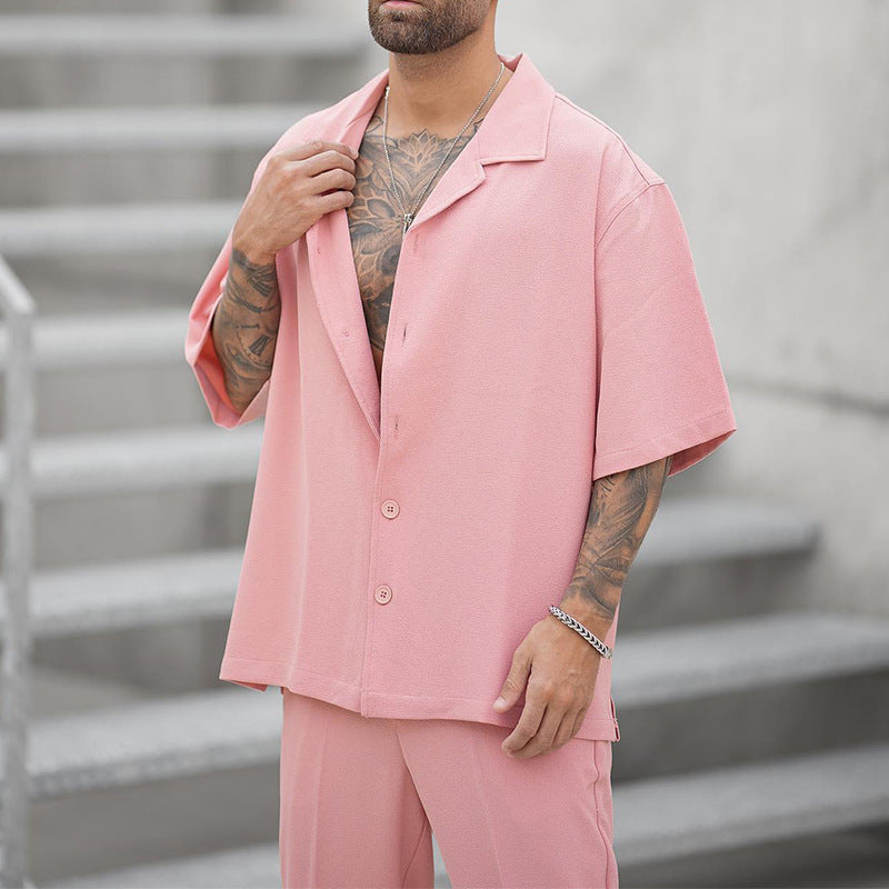 Men's Summer Two-Piece Set with Short-Sleeve Shirt and Pants – Solid Color Casual Set