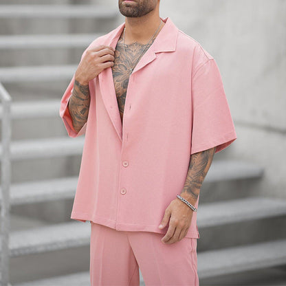 Men's Summer Two-Piece Set with Short-Sleeve Shirt and Pants – Solid Color Casual Set