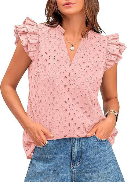 Damebluse med V-hals, Sangallo-broderi og flæseærmer – Elegant til hverdag