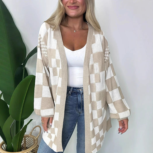 Cardigan Lungo da Donna in Maglia con Design a Contrasto a Quadri