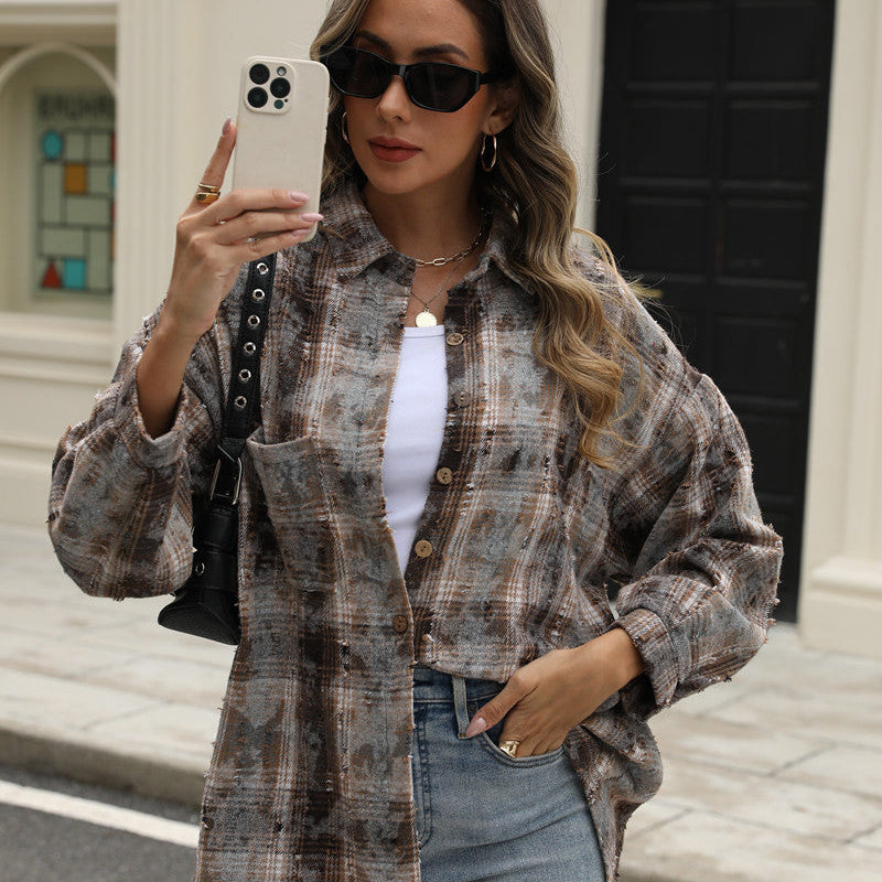 Women's Long Sleeve Checkered Shirt with Ripped Detail and Front Pocket